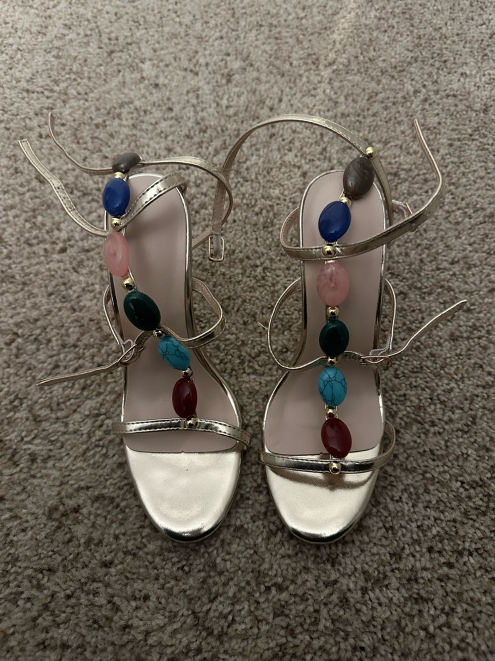 Metallic Strappy Gemstone Accent Sandals in Gold